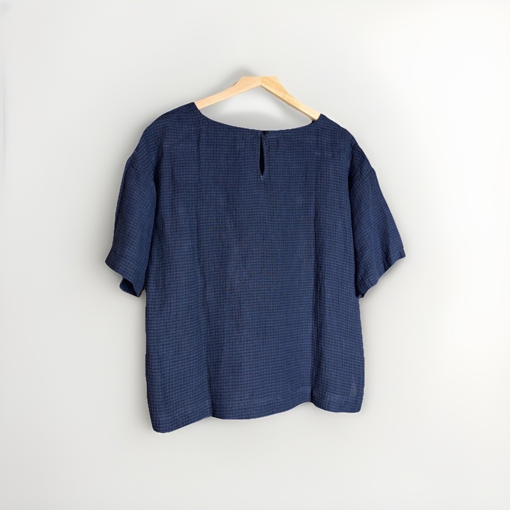 Eileen Fisher Organic Linen Black Blue Checkered Gingham Top Size Small Boxy - Picture 3 of 5